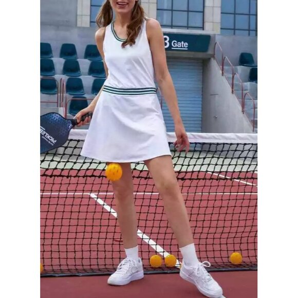 Halara Crew Neck Casual A Line Mini Mini Tennis Dress Sz Large Womens White & Gr - Picture 9 of 9